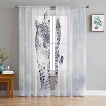 Леопардовый рисунок, животное, снежинка, зимние прозрачные шторы из тюля для гостиной, украшение для окна, занавеска для спальни, вуаль, органза, шторы W135 x H115cm x1&Rod Pocket