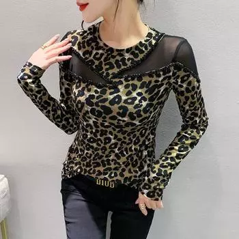 Леопардовый топ с длинным рукавом, винтажная удобная эластичная облегающая кофта-джемпер, кружевные топы M
