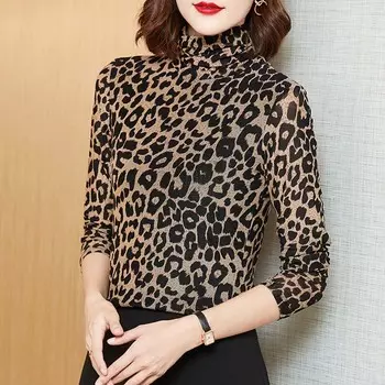 Леопардовый топ с длинным рукавом, винтажная удобная эластичная облегающая кофта-джемпер с высоким воротом M