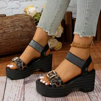 Леопардовый Высокий Каблук Модные Босоножки Женские Летние Большие Размеры Женские Толстые Босоножки 35 чёрный