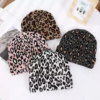 Леопардовый вязаный зимний теплый женский пуловер-шапка 24-22cm хаки