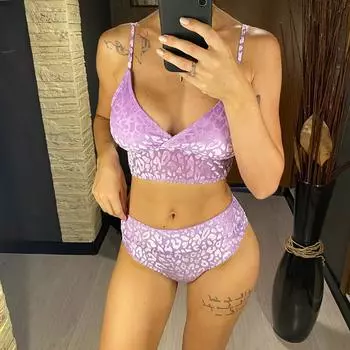 Леопардовый женский купальник с высокой талией, бикини, женский купальник, комплект из двух частей, купальный костюм, женский купальник S фиолетовый