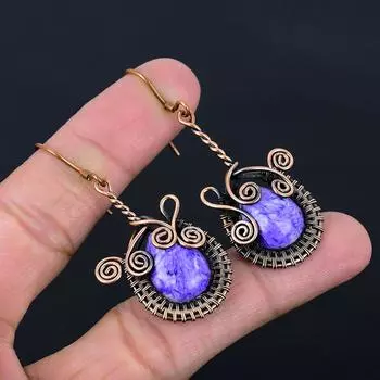 Лепидолит драгоценный камень ручной работы серьги из чистой медной проволоки ювелирные изделия для женщин 2.17 Inches фиолетовый