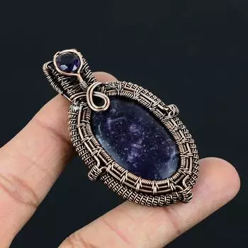 Лепидолит и аметист, драгоценный камень, кулон ручной работы из чистой медной проволоки, ювелирное изделие для женщин 2.56 Inches синий