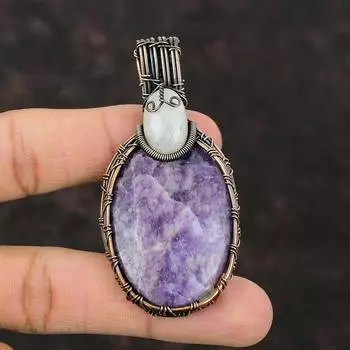 Подвеска из лепидолита, медная проволочная обертка, радужный лунный камень, драгоценный камень, подарок для мамы, антикварная медная бижутерия, женская подвеска ручной работы