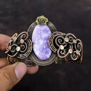 Лепидолитовый браслет, браслет из медной проволоки, регулируемый браслет-манжета, браслет с драгоценными камнями, ювелирные изделия из медной проволоки, цветочная манжета ручной работы, подарок для него