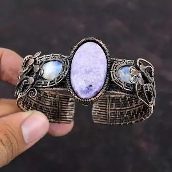 Лепидолитовый браслет с медной проволокой, регулируемый браслет-манжета с лунным камнем, браслет из драгоценных камней, старинные медные украшения, браслет ручной работы, подарок для мамы