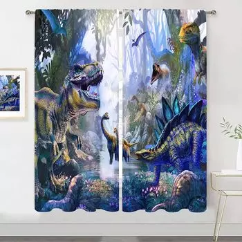 Лес и дикая природа Детские шторы с динозаврами для мальчиков, шторы для затемнения дома, декор гостиной, 2 шт. 2x50W160H(CM)40x63in&Hook