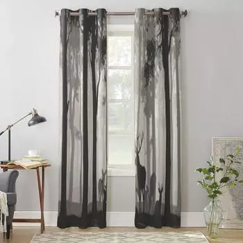 Лес и олени на естественном фоне, занавески для гостиной, спальни, шторы, роскошные шторы для кухни 135W x 60H(cm) x1