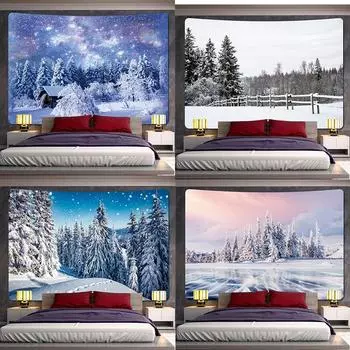 Лес Снег Рождественская елка Психоделическая сцена Домашний декор Художественный гобелен Богемное Таро Красивая стена комнаты 100x75cm