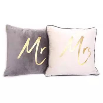 Les Trsors De Lily [A2919] - 2 серо-бежевые бархатные подушки Mr & Mrs - 40x40 см