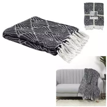 Les Trsors De Lily [A3529] - Плед из хлопкового жаккарда темно-синего цвета с геометрическим рисунком Бохо - 120x150 см