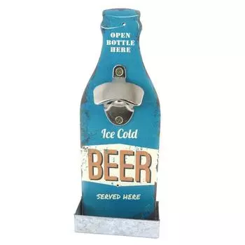 Les Trsors De Lily [P2074] - Деревянная настенная открывалка для бутылок Beer синяя (Здесь подается ледяное пиво) - 30x12 см