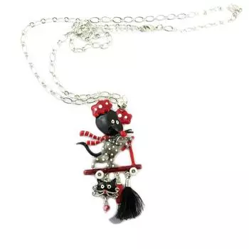 Les Trsors De Lily [P5990] - Дизайнерское длинное колье Lilipoupettes (кошки-мыши) красный серый черный - 90x45 мм