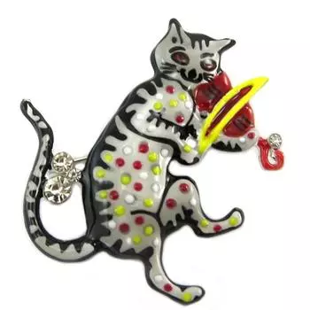 Les Trsors De Lily [P7458] - Дизайнерская брошь Lilipoupettes (кот-скрипач) серо-красный - 45x45 мм.