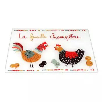 Les Trsors De Lily [R6773] - Разноцветная разделочная доска «Куры» / стеклянная подставка (деревенская семья) - 30x20см