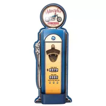 Les Trsors De Lily [R6798] - Старинная металлическая настенная открывалка для бутылок «Бензиновый насос», сине-желтая (Мотоциклы) - 47x18см