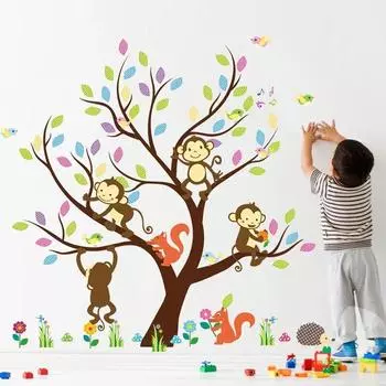 Лес Жираф Лев Обезьяна Дерево птицы Бабочка вокруг дерева наклейки на стену наклейки с героями мультфильмов настенное искусство плакат детский подарок H01237