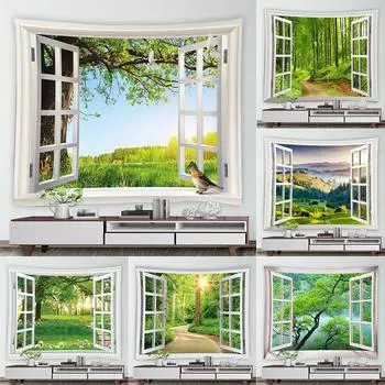 Лесная дорога, зеленый растительный узор, гобелен за окном, дома, гостиной, спальни, украшение на стену, фон, тканевый гобелен 100x75cm