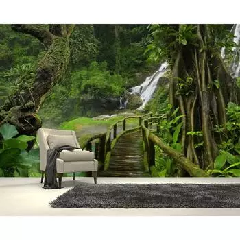 Лесная фреска водопад настенные фрески деревянный мост природный пейзаж 3d обои гостиная спальня ресторан фреска 200 cm(W) x 140 cm(H)