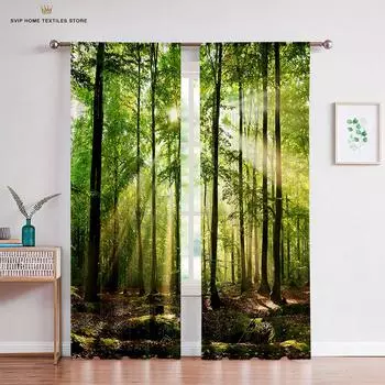 Лесная листва, солнечные лучи, тюлевые занавески, прозрачные вуалевые занавески, декор окна, гостиная, спальня, кухня W50X130H(CM)X2PCS&Grommet Top