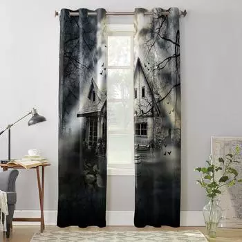 Лесная луна, летучая мышь, дом с привидениями, оконная занавеска для спальни, гостиной, оконные шторы, кухонные украшения, жалюзи, занавеска 135W x 60H(cm) x1