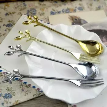 Лесная Свежая Ветка Кофейная Ложка Фруктовая Вилка Десертная Ложка Spoon серебряный