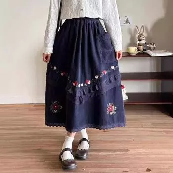 Лесная вышивка кружева вельветовая юбка осень винтаж пэчворк кружева цветочные женские свободные юбки One Size темно-синий