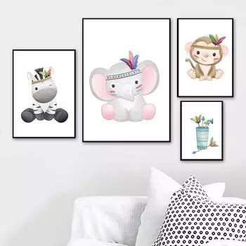 Лесной этнический животный рисунок Лев Зебра Обезьяна Детский постер Холст Настенная художественная печать Картина Скандинавский детский декор для детской спальни 21cm30cm NoFrame