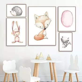 Лесной кролик с оленем и принтом в стиле бохо, детская настенная живопись, кролик, лиса, холст, живопись, постеры, милый мультяшный животный, детский декор для спальни 21cm30cm NoFrame