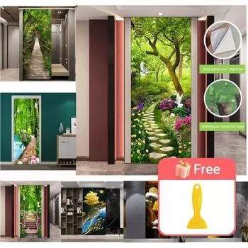 Лесной очаровательный пейзаж с тропой, DIY наклейки на дверь и стену, домашний декор, гостиная, крыльцо, художественная роспись, самоклеящиеся водонепроницаемые обои из ПВХ 38.5X200cmX2pcs