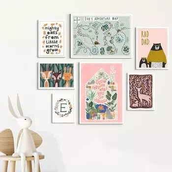 Лесной пейзаж Животные Принты Холст Картина Настенные Панно для Детей в Скандинавском Стиле Детская Комната Настенное Искусство Домашний Декор Постеры Подарки 21x30cm No Framed темно-синий