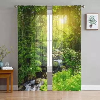 Лесной ручей, текущая вода, природный пейзаж, тюль, прозрачные шторы для гостиной, спальни, вуаль, органза, шторы, портьеры W135 x H115cm x1&Rod Pocket