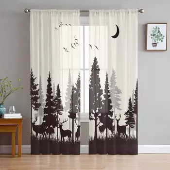 Лесной силуэт, олень, животное, луна, тюль, занавески для гостиной, спальни, отеля, роскошные украшения, прозрачные занавески 135W x 114H(cm)