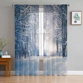 Лесной снежный пейзаж Прозрачные шторы для украшения гостиной Оконные шторы для кухни Тюль Вуаль Шторы из органзы W135 x H115cm x1&Rod Pocket