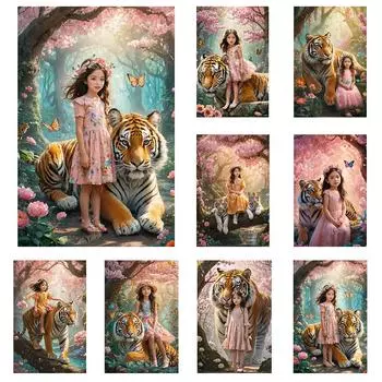 Лесной тигр и девочка 5DDIY Алмазная картина Картина вышивка крестом Алмазная вышивка Мозаика Животное Девушка Украшение для дома Full Round 20x30CM