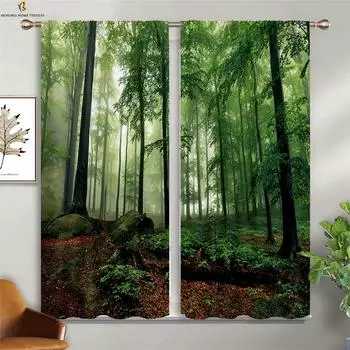 Лесной туманный пейзаж 3D-печать карниз для штор карман для спальни гостиной кухни украшение окна занавеска легко мыть и ухаживать W50xH130(CM)x2PCS&Grommet Top