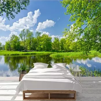 Лесной вид на озеро, природный пейзаж, 3D фото обои для спальни, гостиной, дивана, ТВ, фон, папье-пеинт, индивидуальный постер, настенная роспись 300cm (W) x 200cm (H)