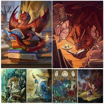 Лесной волшебник и дракон, настенная шахматная живопись, картина маслом, чтение, дракон, художественный постер 21cm30cm NoFrame