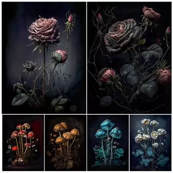 Лесной волшебный гриб и цветок розы, настенная живопись на холсте, декор, лесной ботанический художественный постер и принт, домашний декор без рамки 21*30cm