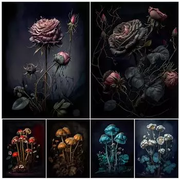 Лесной волшебный гриб и роза, настенная живопись маслом, украшение, лесное растение, художественный постер и принтер 21cm30cm NoFrame