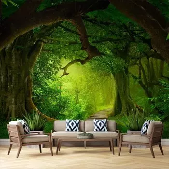 Лесные обои Мистическое зеленое дерево Дыра Лесная фреска Съемный природный пейзаж Настенные фрески Декор 200 cm(W) x 140 cm(H)
