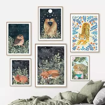 Лесные животные, джунгли, гепард, тигр, леопард, лиса, сова в лесу, постеры, декор для детской комнаты, настенная живопись на холсте, печать фотографий 21x30cm No Framed темно-синий