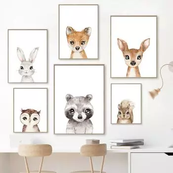 Лесные животные, лесной кролик, олень, лиса, енот, детская настенная живопись, холст, картина, плакат, настенные панно, декор для детской комнаты A4 21X30cm No Framed