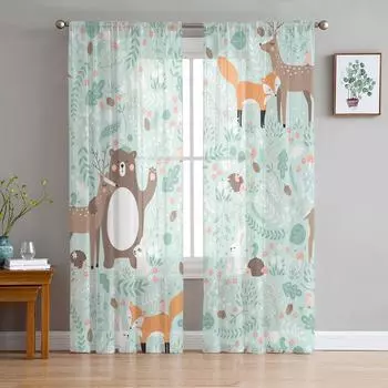 Лесные животные, мультяшные лисы, олени, медведи, тюль, прозрачные шторы для гостиной, кухни, детской спальни, вуаль, подвесная занавеска W135 x H114cm