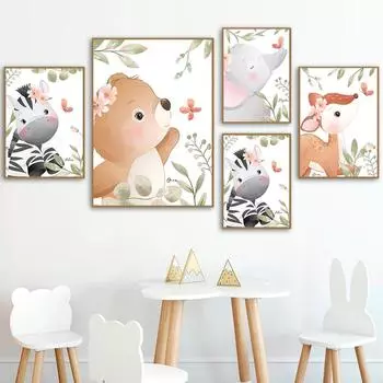 Лесные животные, принты плакатов, медведь, зебра, олень, холст, картина на стене для детей, спальня, детская художественная картина, декор для детской комнаты 21cm30cm NoFrame