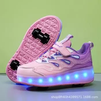 Less Skateboard Shoes Four Student Edition Wheel with Light Charging Runaway Shoes Children s Skates Velcro Wheels Shoes 29
