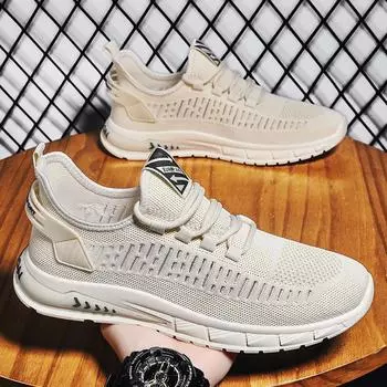 Летающая сетчатая мужская новая летняя дышащая модная повседневная дезодорирующая спортивная обувь сетчатая обувь для бега с мягкой подошвой модная мужская обувь 39 бежевый