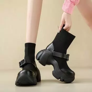 Летающие плетеные узкие осенние грубые каблуки эластичные узкие ботинки женские 2024 маленькие толстые дышащие спортивные короткие носки ботинки Tide 34 чёрный