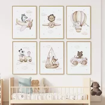 Летающие животные самолет воздушный шар дирижабль детская настенная живопись на холсте плакат на скандинавскую тему и принт девушка комната домашний декор A4 21X30cm No Framed